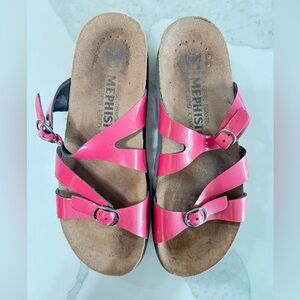 Mephisto Hannel Backless Sandal. Leather, Cork. Pink Sandals with Buckle Straps